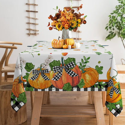 Autumn Harvest Thanksgiving Tablecloth with Buffalo Plaid & Pumpkin Design