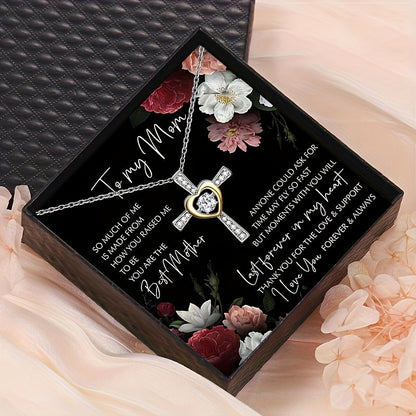 To my Mom: Elegant Heart & Cross Necklace Gift Set With Card And Box, Birthday Holiday Gift, Mother's Day Gift For Mom