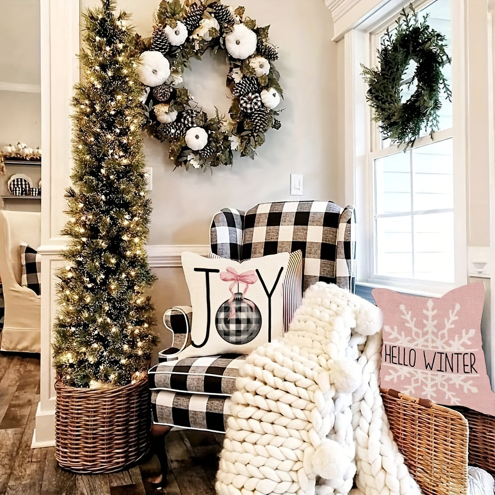 4-Piece Linen Blend Christmas Pillow Covers – Buffalo Plaid and Holiday Designs for Farmhouse Winter Decor