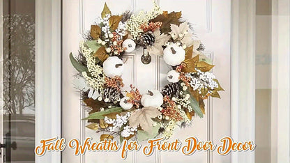 19in Fall Wreath with Pumpkins, Maple Leaves & Acorns - Thanksgiving & Halloween Décor