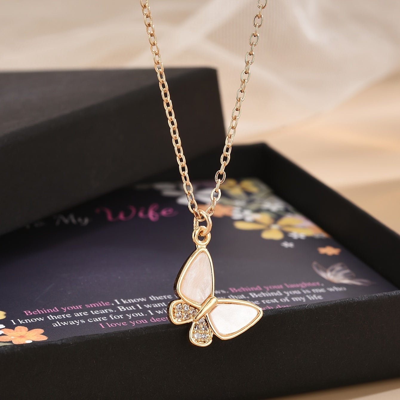 Copper Inlaid Zirconia Butterfly Pendant Necklace – Elegant Women's Clavicle Chain | Perfect Valentine's Day Gift Box for Wife