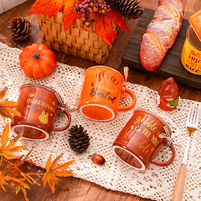 Autumn Harvest 6pcs Mini Coffee Mug Set – 8.5oz Reusable Ceramic Mugs with Pumpkin, Turkey & Maple Leaf Designs