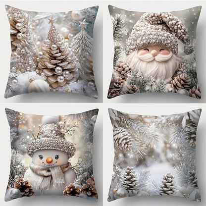 4-Piece Christmas Throw Pillow Covers Set – Santa, Snowman, Pine Cone Print for Festive Living Room & Office Decor