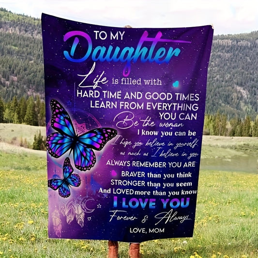 To My Daughter from Mom: Letter Blanket with Colorful Butterfly Pattern – Soft Flannel Throw for Sofa and Bed – Perfect Gift for Daughter