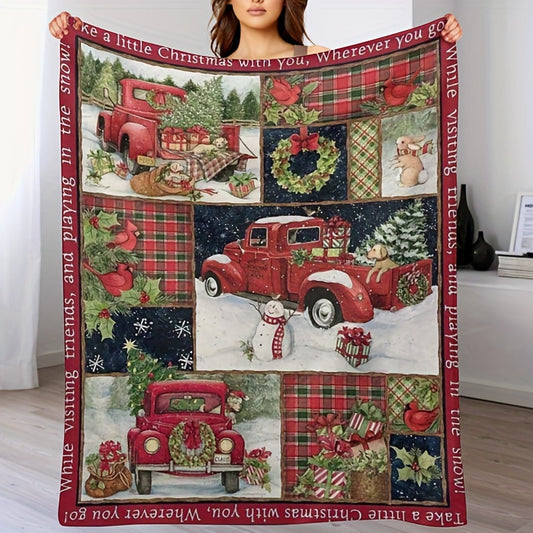 Cozy Christmas Car Print Flannel Blanket – Ultra-Soft, Warm & Lightweight Throw for Couch, Bed, Office, and Travel