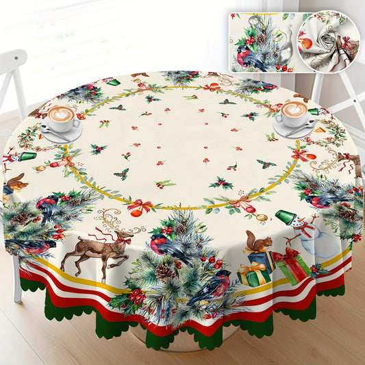 Premium Polyester Christmas Tablecloth - Vibrant Pine Tree, Butterflies & Snowman Pattern, Festive Table Décor for Holidays & Home, Perfect Gift Idea