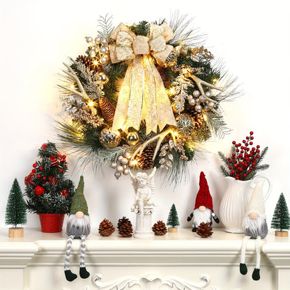 24-Inch Outdoor Christmas Wreath with Gold Ball Ornaments, Pine Cones, and Antlers - 8 Lighting Modes for Front Door Holiday Décor