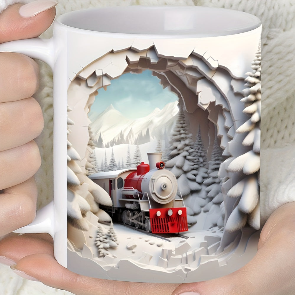 Christmas & Thanksgiving 3D Train Snow Scene Ceramic Coffee Mug, 11oz - Reusable, Machine Washable, Recyclable Material - Ideal for Juice, Milk, Holiday & Birthday Gifts