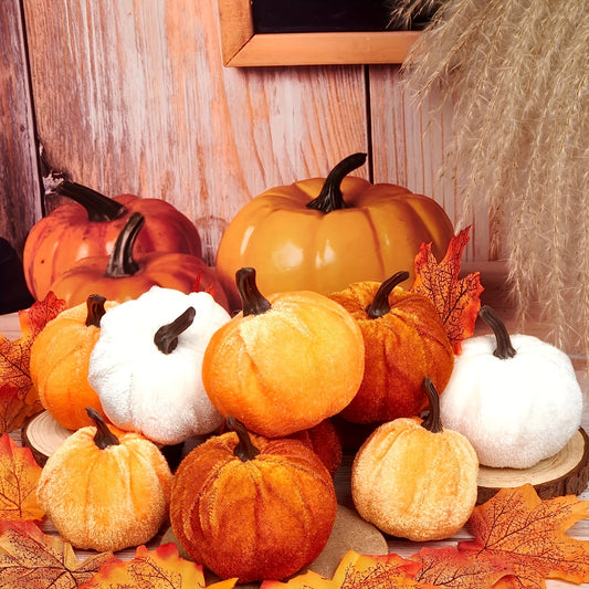 Elegant Set of 6 Artificial Velvet Pumpkins – Ideal for Fall, Thanksgiving, and Halloween Decor