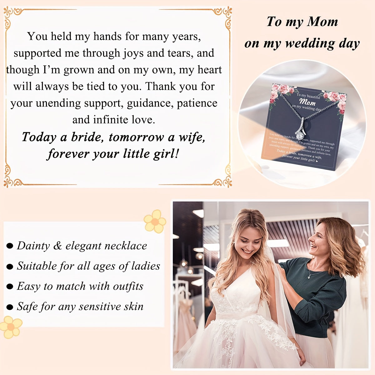 To my Beautiful Mom from Daughter: Elegant & Sexy Style Necklace With Cubic zirconia Pendant, Elegant Style Neck Decor Jewelry, Wedding Day Gifts For Mom With Blessing Card,