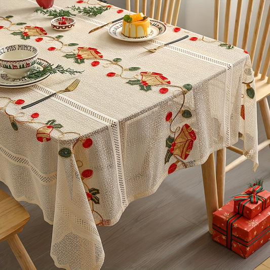 Red Bell Pattern Merry Christmas Tablecloth - Hollow Design, Polyester Fabric for Festive Table Décor and Holiday Home Decoration