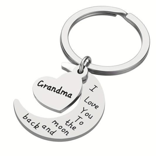 Grandma’s Treasure Engraved Love Moon Letter Keychain – Heartfelt "I Love You" Gift for Grandma