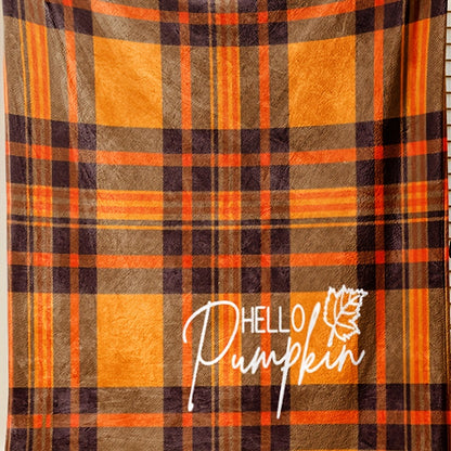 Contemporary Flannel Throw Blanket – Orange Plaid & "Hello Pumpkin" Print, Cozy All-Season Comfort