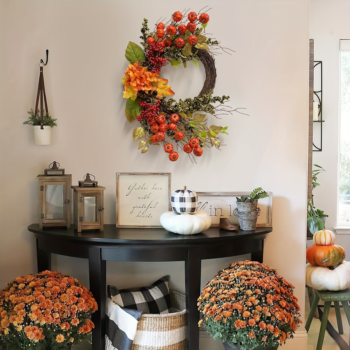 20 Inch Mini Fall Wreath with Pumpkins & Berries - Thanksgiving & Harvest Décor