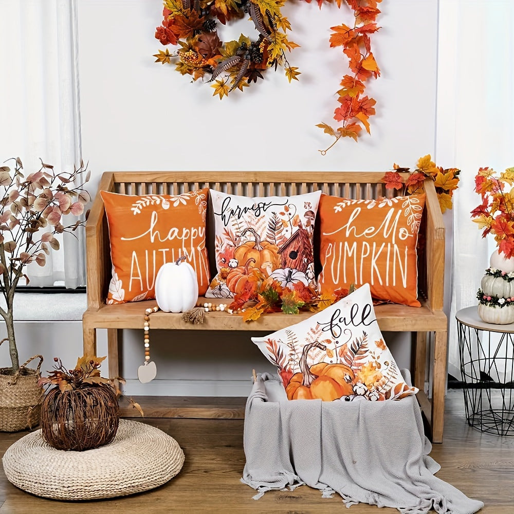 Autumn Charm 4PCS Throw Pillow Cover Set – "Hello Pumpkin" Design in Vibrant Orange, Perfect for Fall Decor