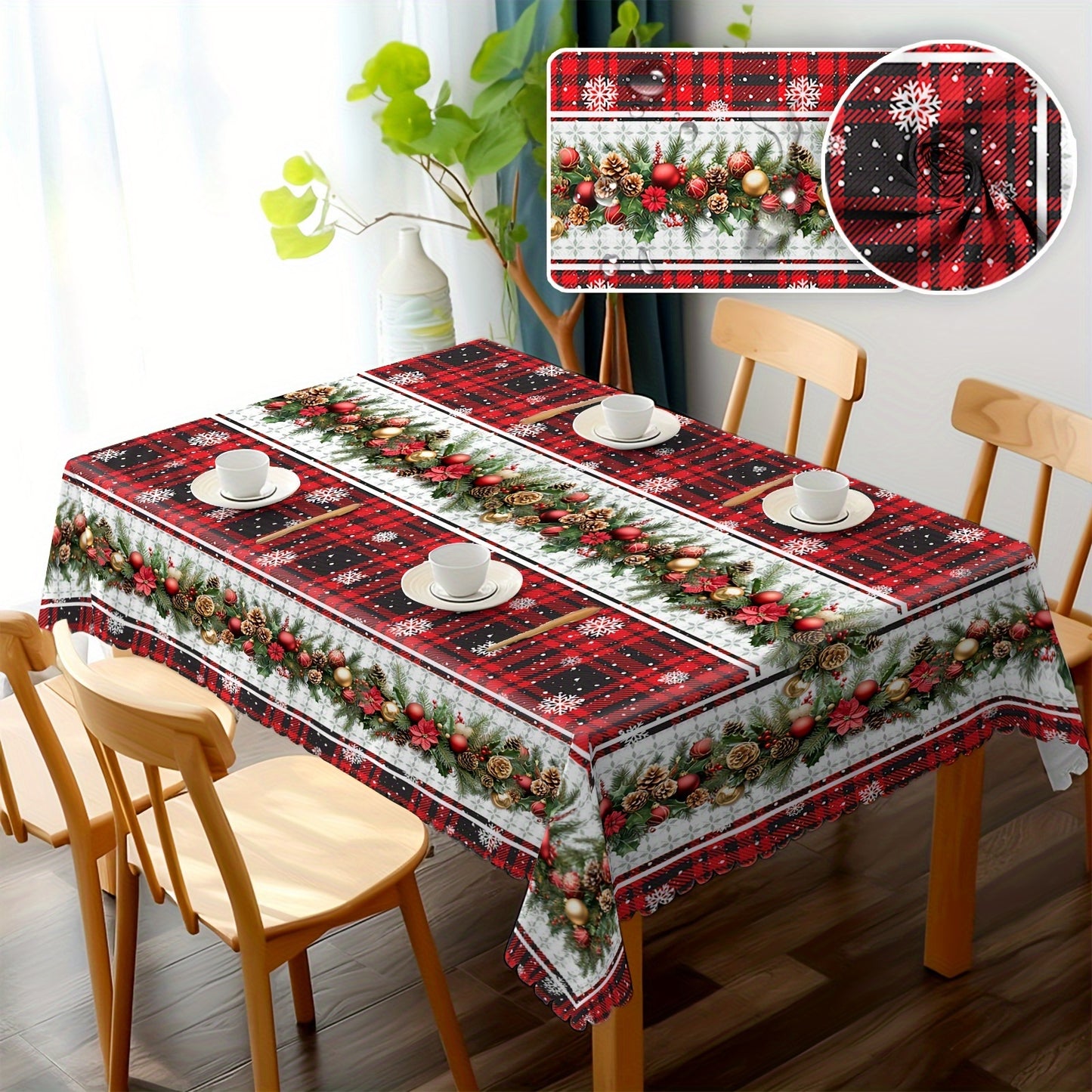 Christmas Festive Tablecloth with Snowflake & Pine Cone Design - Waterproof and Stain-Resistant Polyester, Perfect for Holiday Dining and Outdoor Picnics