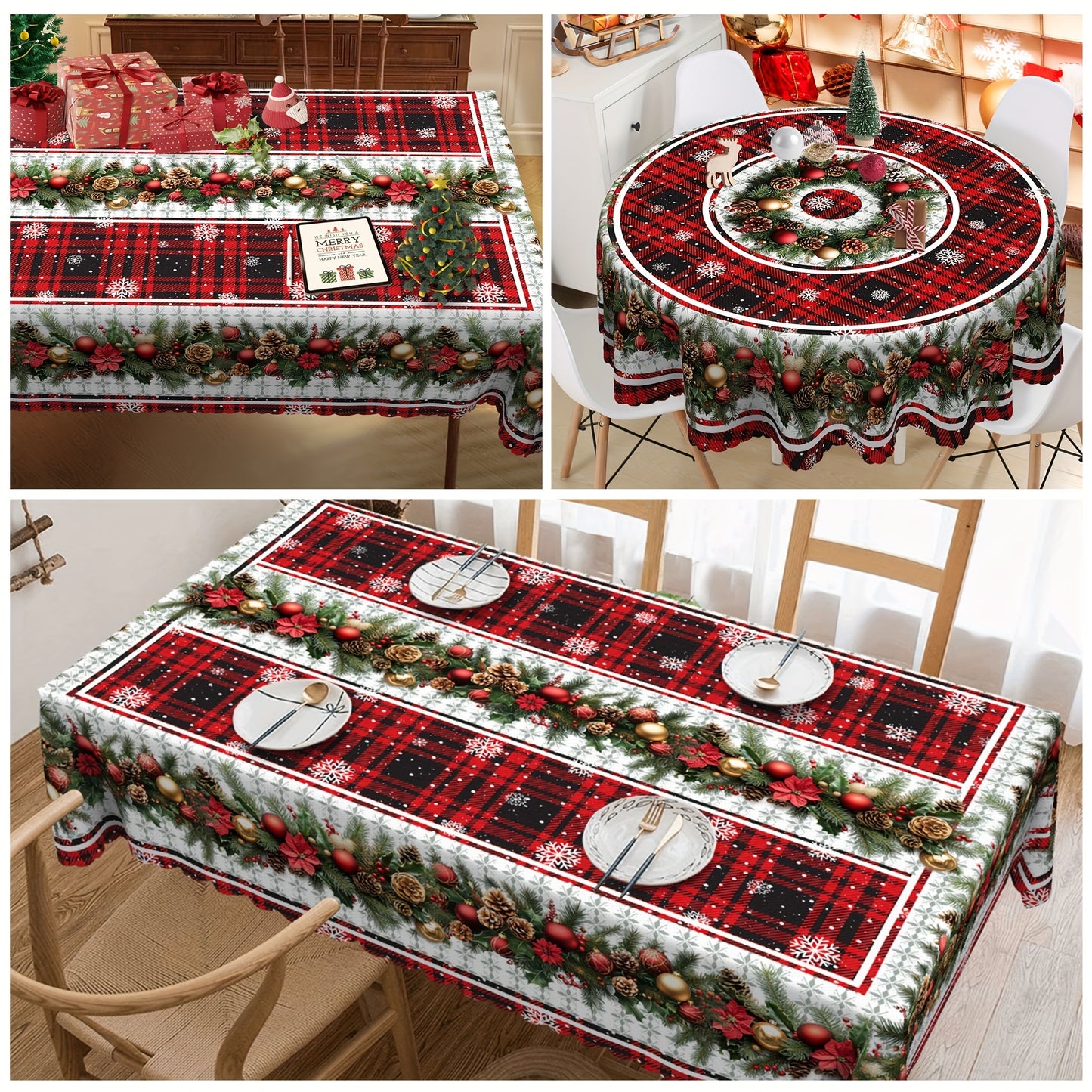 Christmas Festive Tablecloth with Snowflake & Pine Cone Design - Waterproof and Stain-Resistant Polyester, Perfect for Holiday Dining and Outdoor Picnics