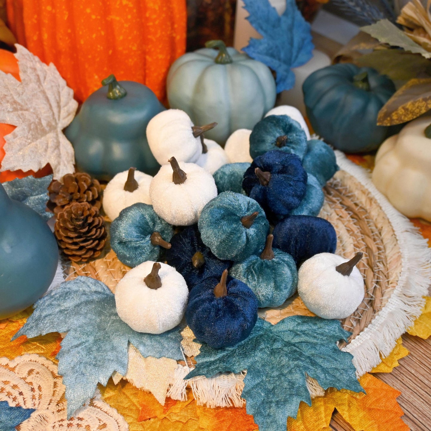 12-Piece Autumn Pumpkin Set with Wooden Containers – Rustic Velvet & Plastic Decor for Fall, Thanksgiving, and Halloween