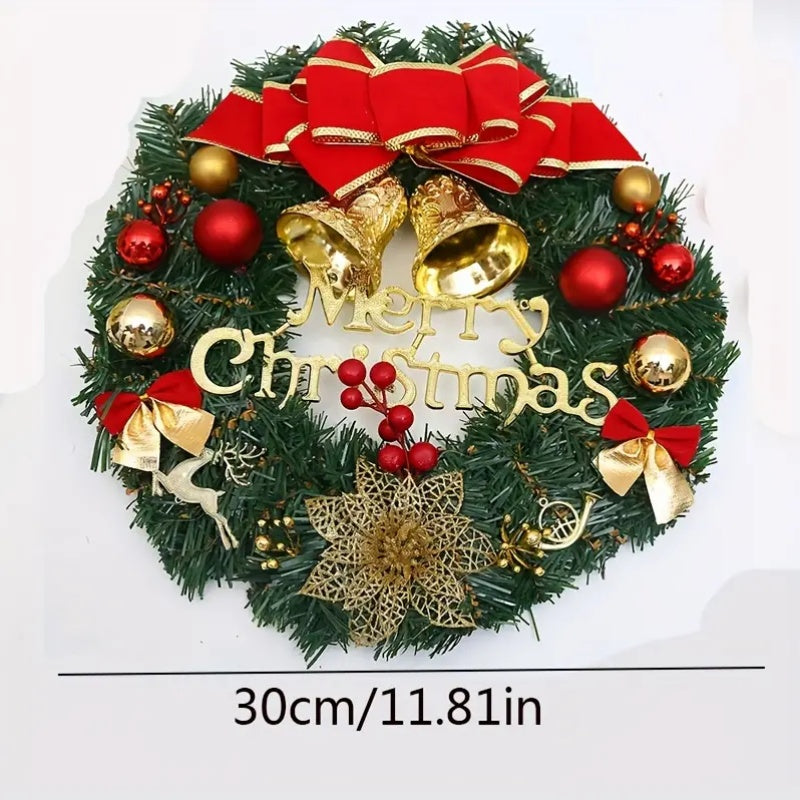 11.81-Inch Christmas Wreath with Red Bows & Artificial Holly Leaves - Festive Outdoor Décor for Front Door