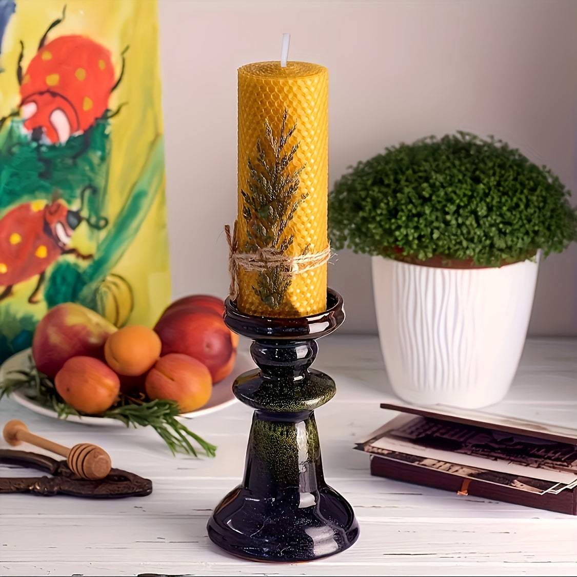 Beeswax Aromatherapy Candles Set of 4 - Hand-Rolled Pillar Candles with Honeycomb Texture, Dried Flowers Embellishment