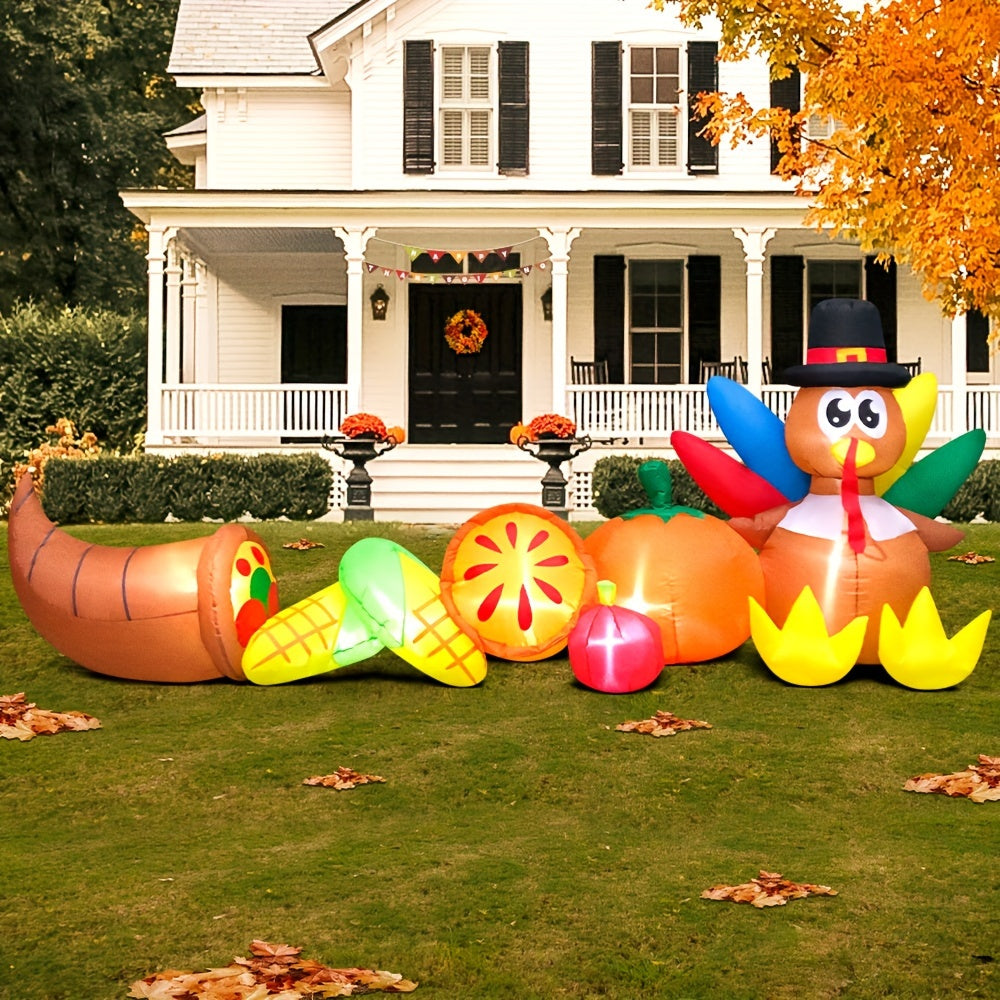 10ft Giant Inflatable Turkey with Pumpkin & Corn - LED Lighted Thanksgiving Yard Décor