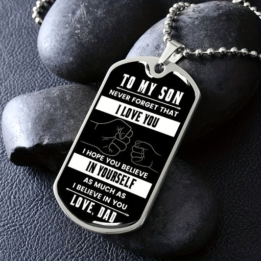 To my Son from Dad: Stainless Steel Pendant Dog Tag Necklace With Text & Hands Pattern, Anniversary Graduation Party Birthday Gifts To Son From Dad