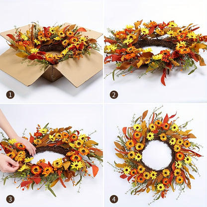 20'' Artificial Fall Wreath with Orange Daisies - Thanksgiving Front Door Décor