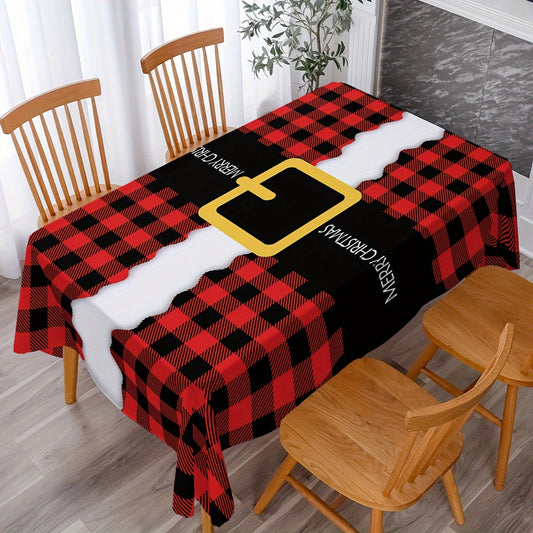 Red & Black Plaid Polyester Tablecloth - Merry Christmas Table Cover for Festive Holiday Décor, Perfect Gift for Family & Friends