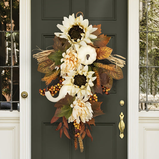 Farmhouse Fall Pumpkin & Sunflower Wreath - Thanksgiving & Harvest Décor