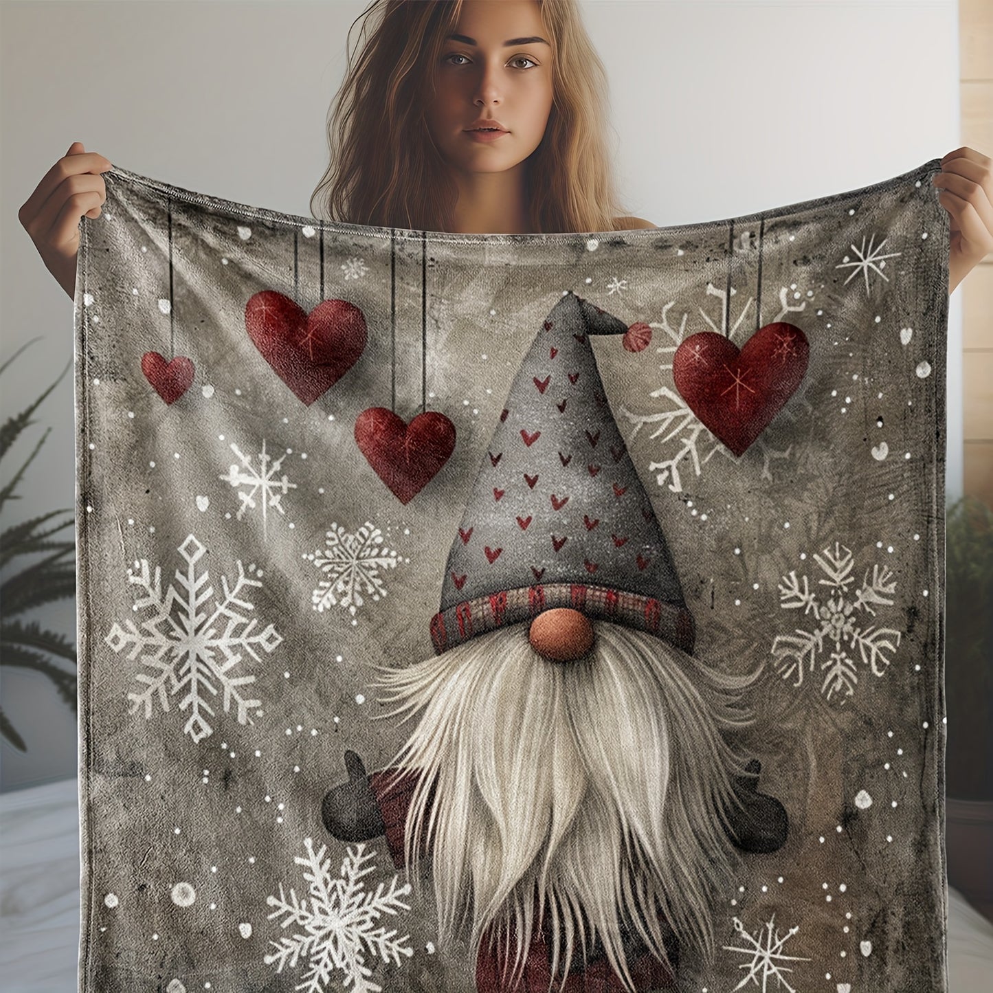 Vintage Christmas Gnome Flannel Blanket – Soft, Warm, and Comfortable Red Heart & Snowflake Print for All-Season Use