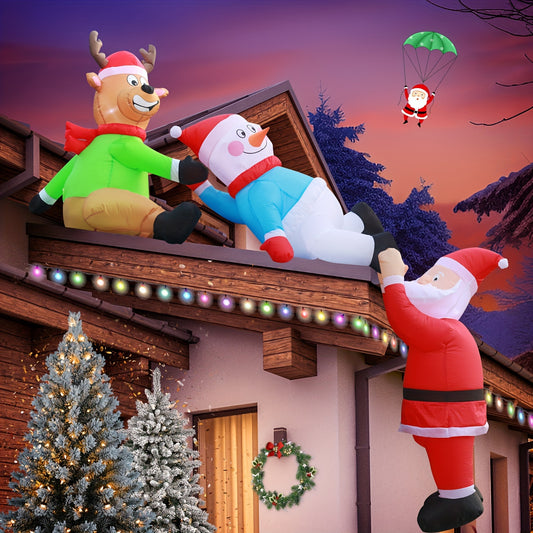 8ft DOMKOM Santa Claus Inflatable Yard Decoration - Featuring Snowman, Reindeer, and Built-In LED Lights