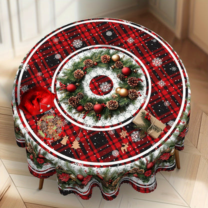 Christmas Festive Tablecloth with Snowflake & Pine Cone Design - Waterproof and Stain-Resistant Polyester, Perfect for Holiday Dining and Outdoor Picnics