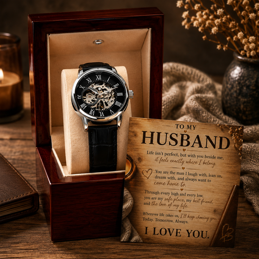 To My Husband “My Safe Place” Openwork Automatic Watch