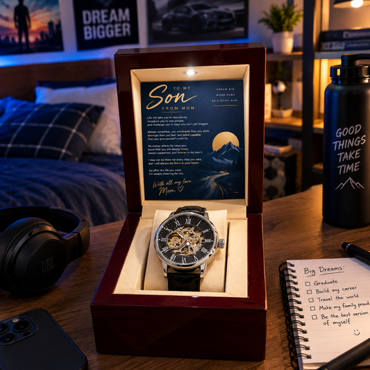 To My Son From Mom – Braver, Stronger & More Capable – Openwork Automatic Watch