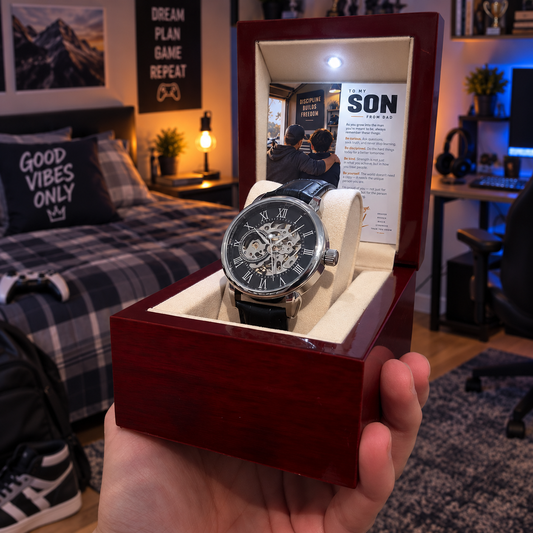 To My Son From Dad – Be Curious, Be Disciplined, Be Kind – Openwork Automatic Watch