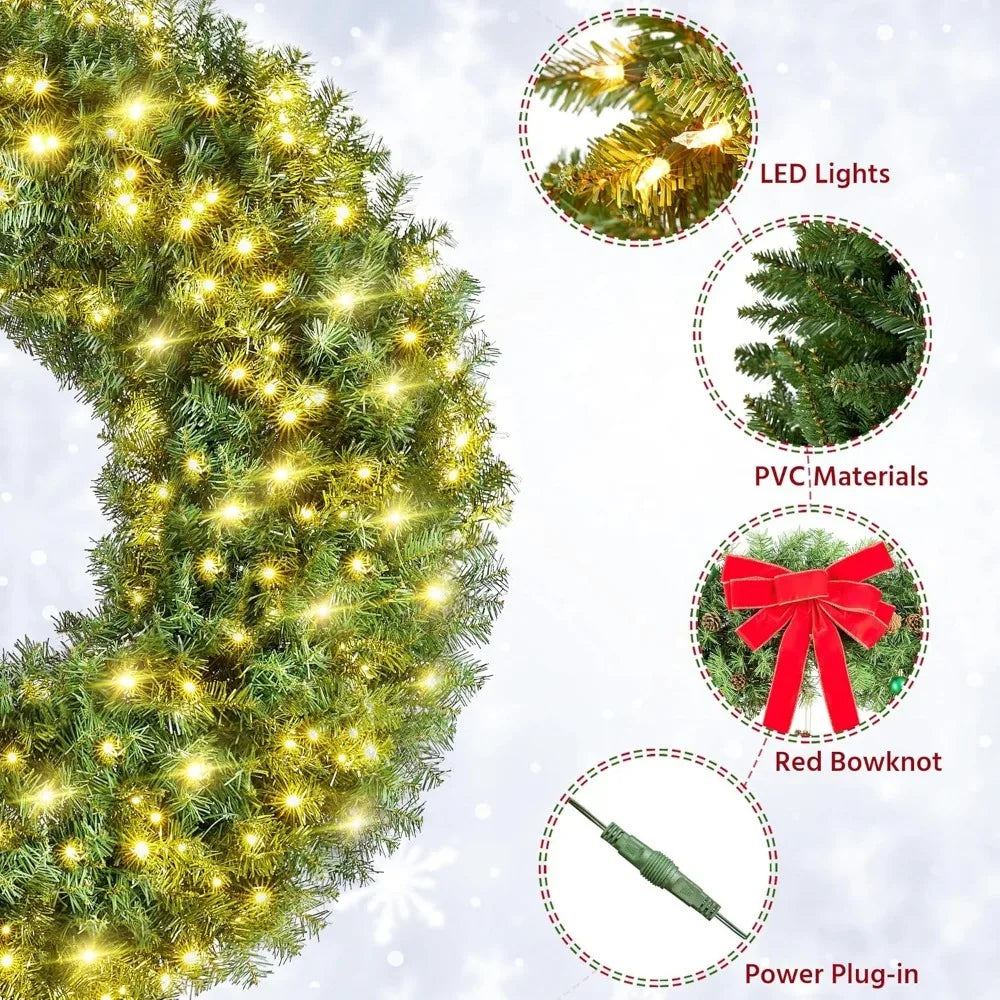 60-Inch Artificial Christmas Wreath with 300 LED Lights – Pre-Lit Door & Wall Holiday Decoration