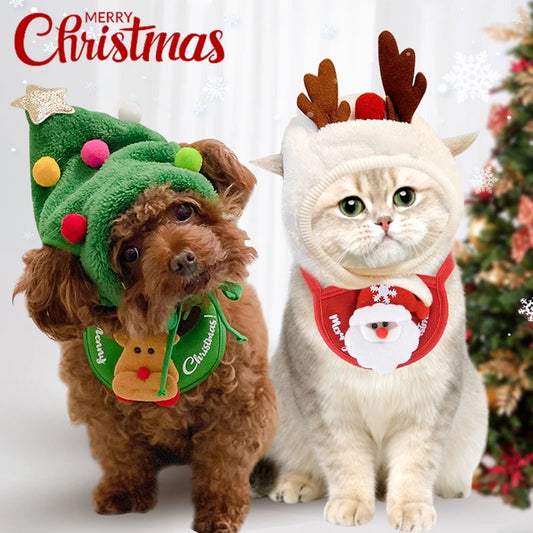 Dog & Cat Christmas Hat with Bib – Festive Pet Costume Accessories for Navidad & New Year