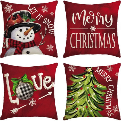 Merry Christmas Snowman Red Pillow Set – Christmas Tree Holiday Cushions for Sofa Décor (4-Piece Set)