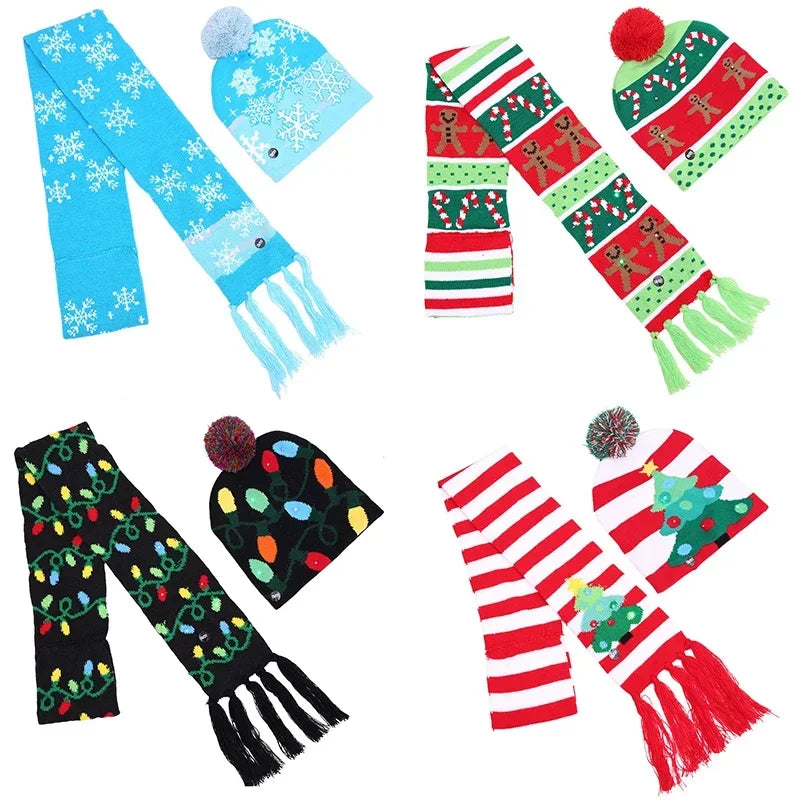 LED Knitted Christmas Hat & Scarf Set – Light-Up Beanie with Pom-Pom for Adults & Kids