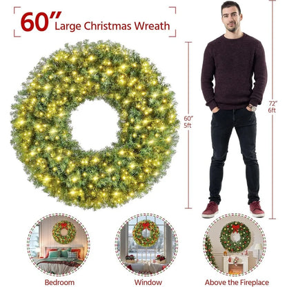 60-Inch Artificial Christmas Wreath with 300 LED Lights – Pre-Lit Door & Wall Holiday Decoration