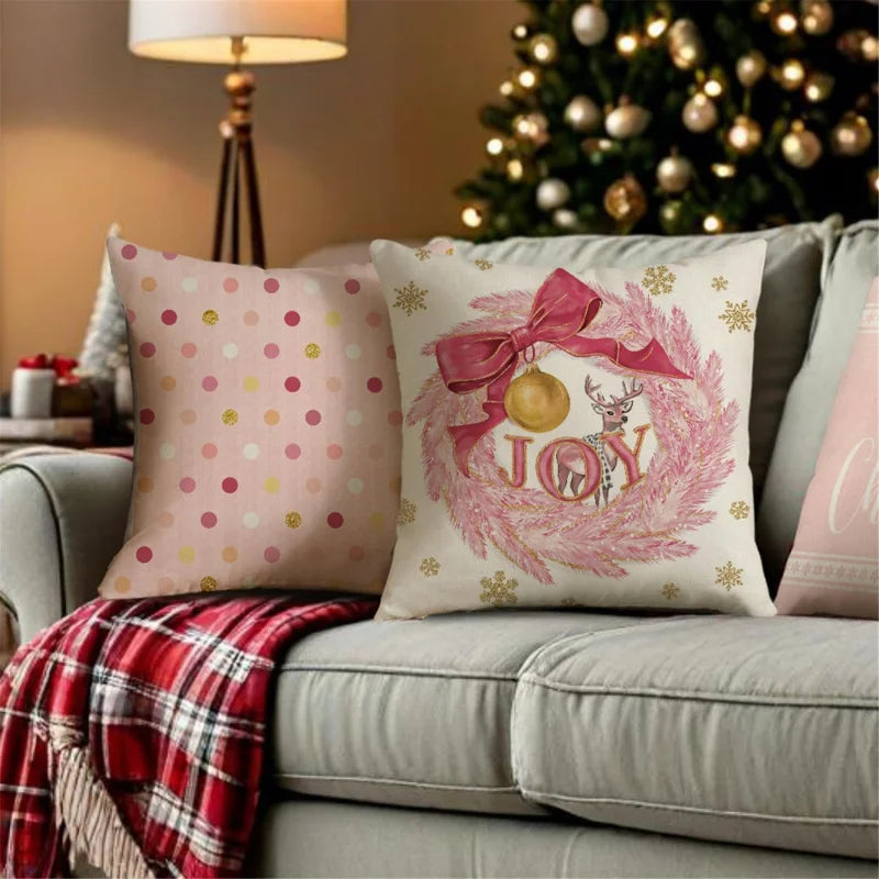 Pink & Gold Snowflake Christmas Tree Pillow Set – 4-Piece Winter Vacation Cushion Set