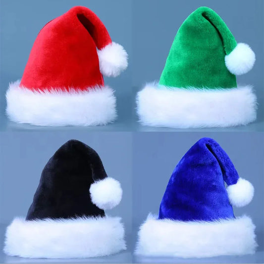 Red, Blue, Green & Black Thick Plush Christmas Hat – Festive Hat for Adults & Children