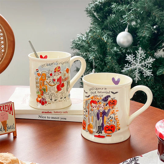 Christmas Cartoon Painting Ceramic Cup with Handle – High-Temperature Resistant Milk & Coffee Mug