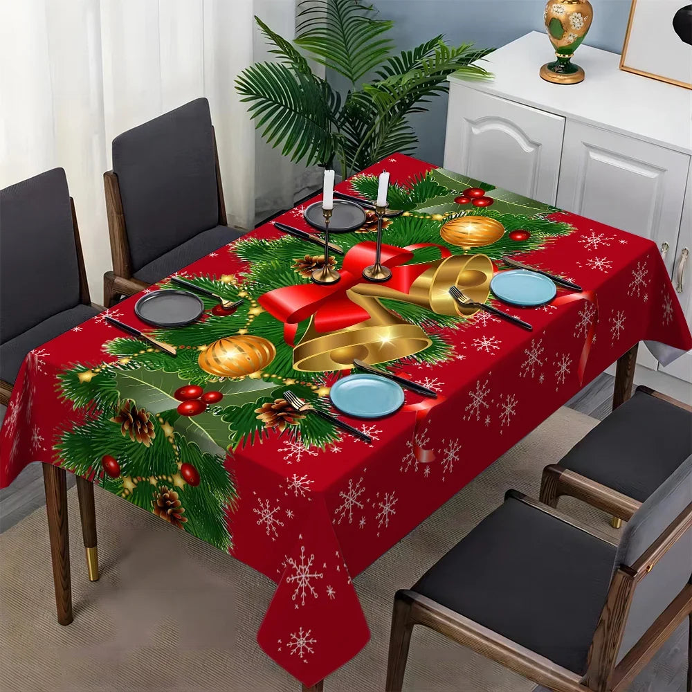 Christmas Festive Bells and Holly Rectangle Waterproof Tablecloth – Perfect Holiday Party Decor