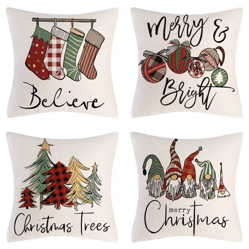 4 Pcs Farmhouse Christmas & Winter Holiday Pillow Cushion Cover Set – Red & White Country Décor