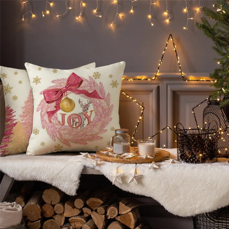 Pink & Gold Snowflake Christmas Tree Pillow Set – 4-Piece Winter Vacation Cushion Set