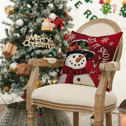 Merry Christmas Snowman Red Pillow Set – Christmas Tree Holiday Cushions for Sofa Décor (4-Piece Set)