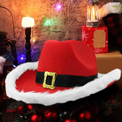 Christmas LED Santa Cowgirl Hat – Fluffy Edge Western Cowboy Hat with Lights for Club & Party Atmosphere