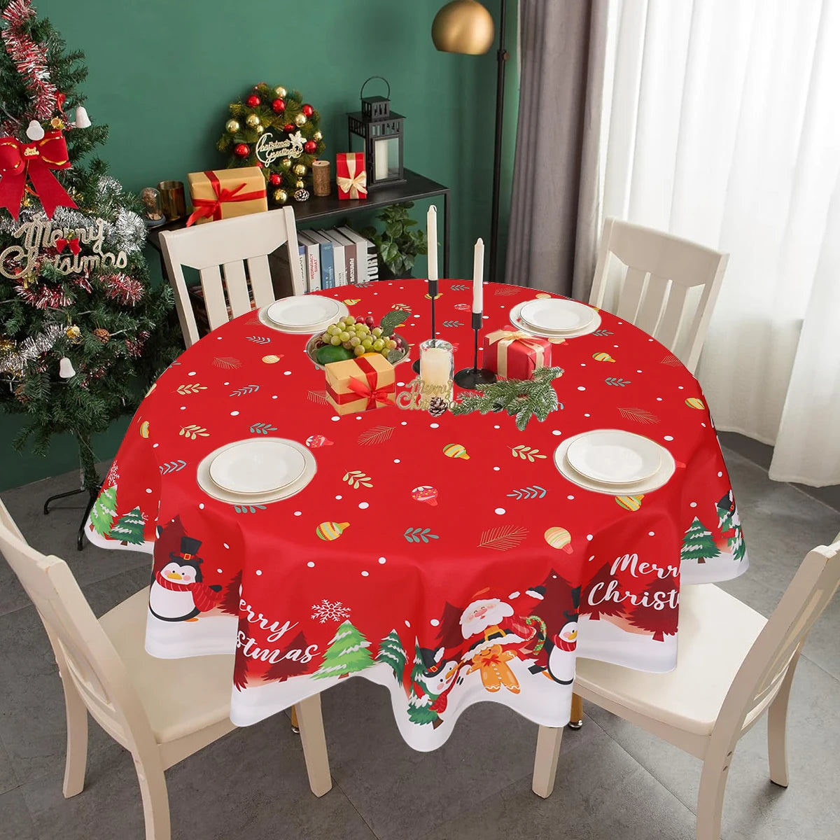 Christmas 2024 Polyester Round Tablecloth – Festive Merry Christmas Table Cover