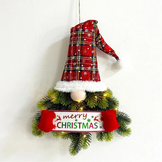 Christmas Gnome Hat Wreath with Lights – Glowing Garland for Front Door, Window, & Home Decor